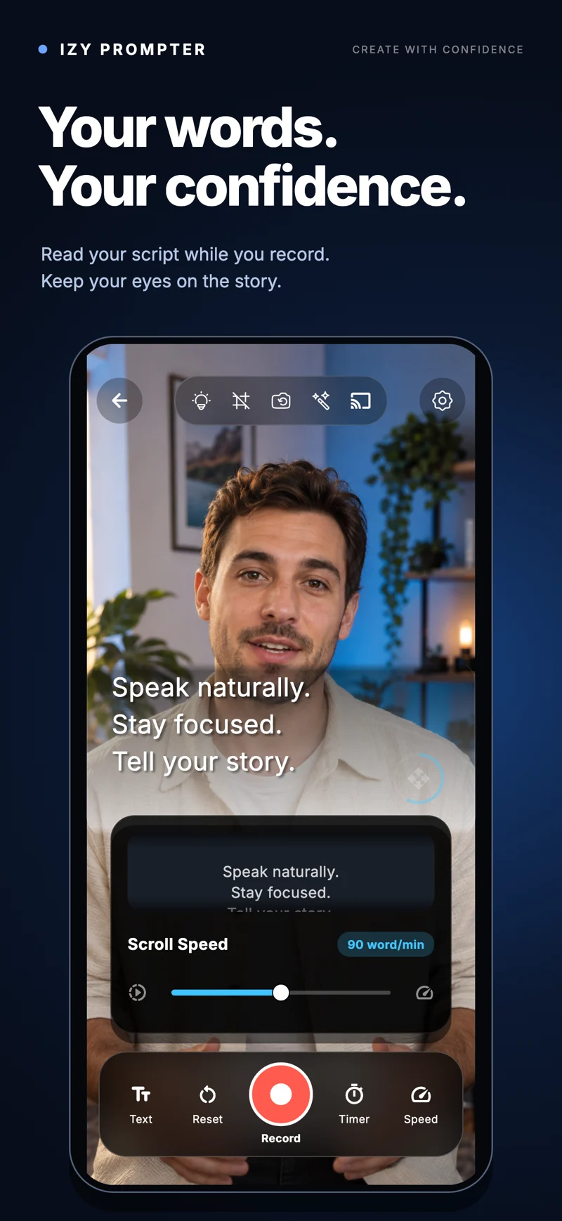 IZY Prompter recording interface with script overlay and scroll speed controls