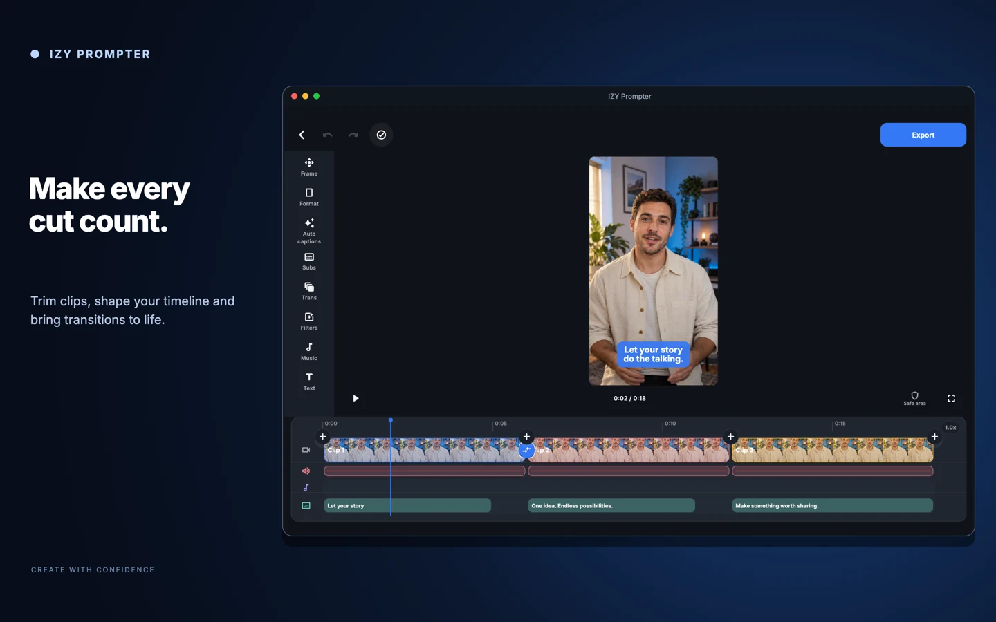 IZY video editor on Mac with video preview, clip timeline, music and caption tracks